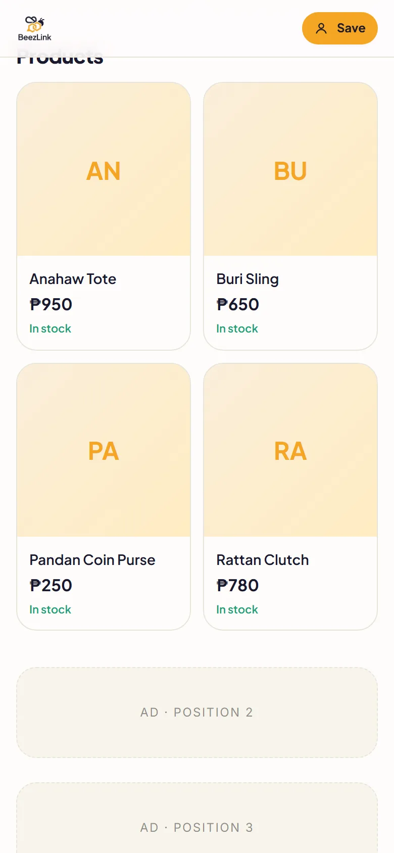 Example BeezLink product grid: Anahaw Tote ₱950, Buri Sling ₱650, Pandan Coin Purse ₱250 and Rattan Clutch ₱780, each marked in stock