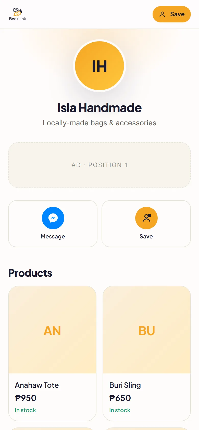 Example BeezLink page for a handmade bag shop: shop name, Message and Save buttons, and the start of a product grid