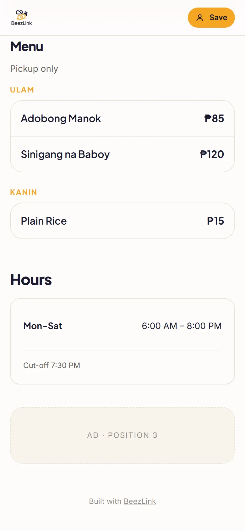 Example BeezLink menu: Ulam and Kanin categories with Adobong Manok ₱85, Sinigang na Baboy ₱120 and Plain Rice ₱15, followed by opening hours