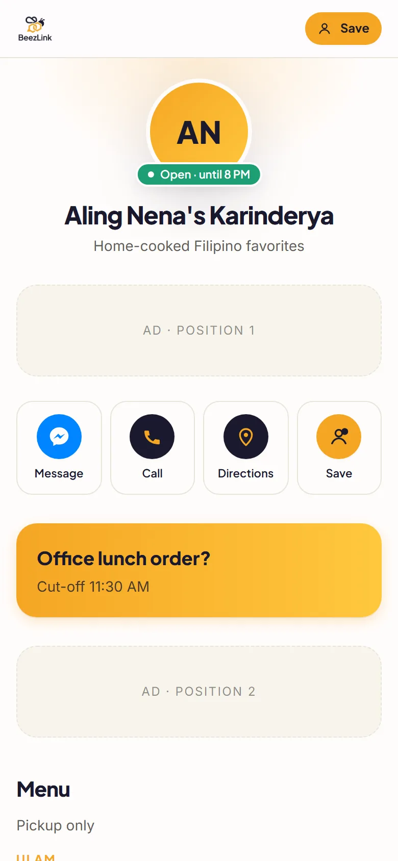 Example BeezLink page for a karinderya: business name, open until 8 PM status, and Message, Call, Directions and Save buttons