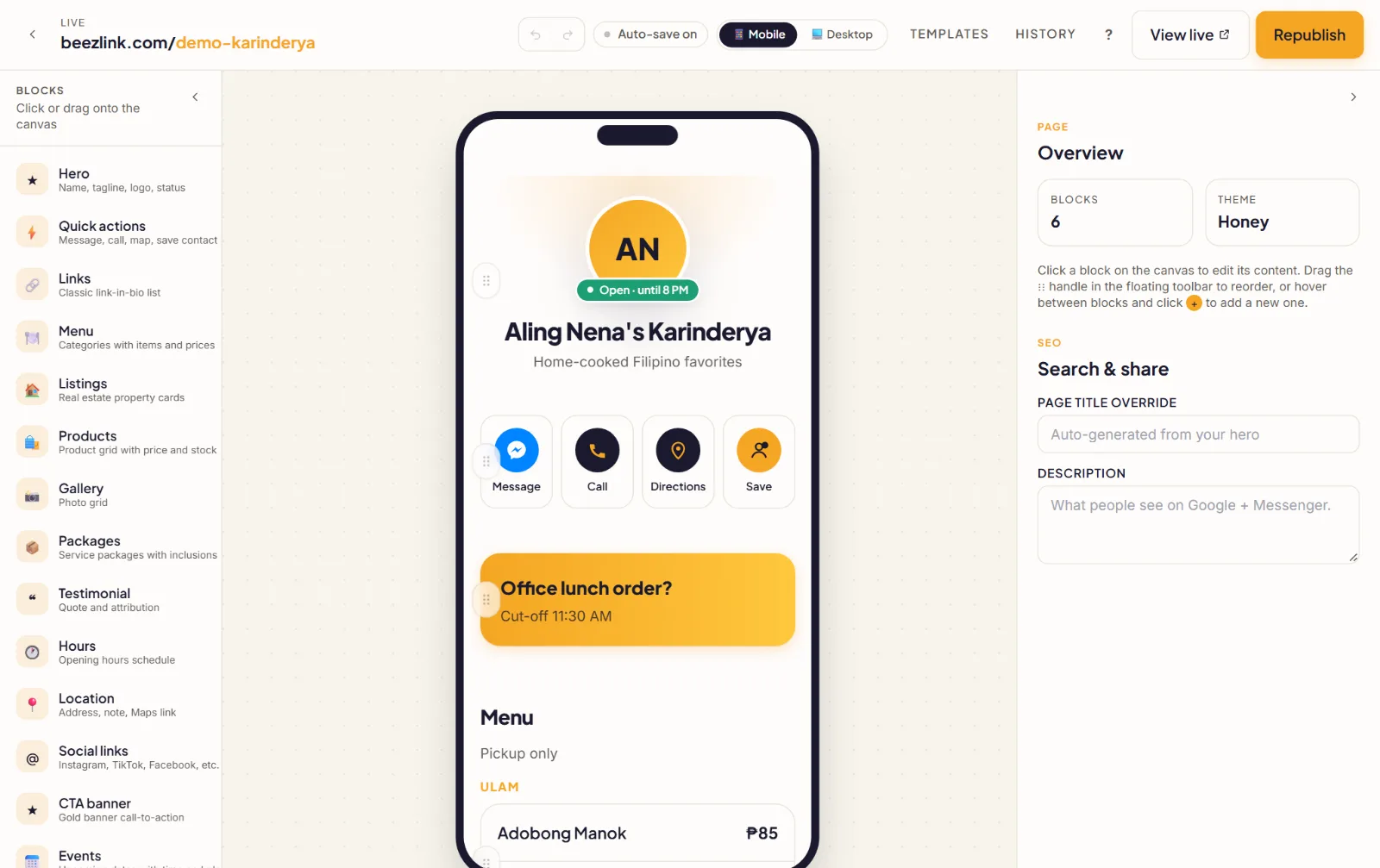 The BeezLink page builder: a Blocks list on the left (Hero, Quick actions, Links, Menu, Listings, Products, Gallery, Packages, Testimonial, Hours, Location, Social links, CTA banner, Events), a phone preview of the page in the middle, and Search & share settings on the right