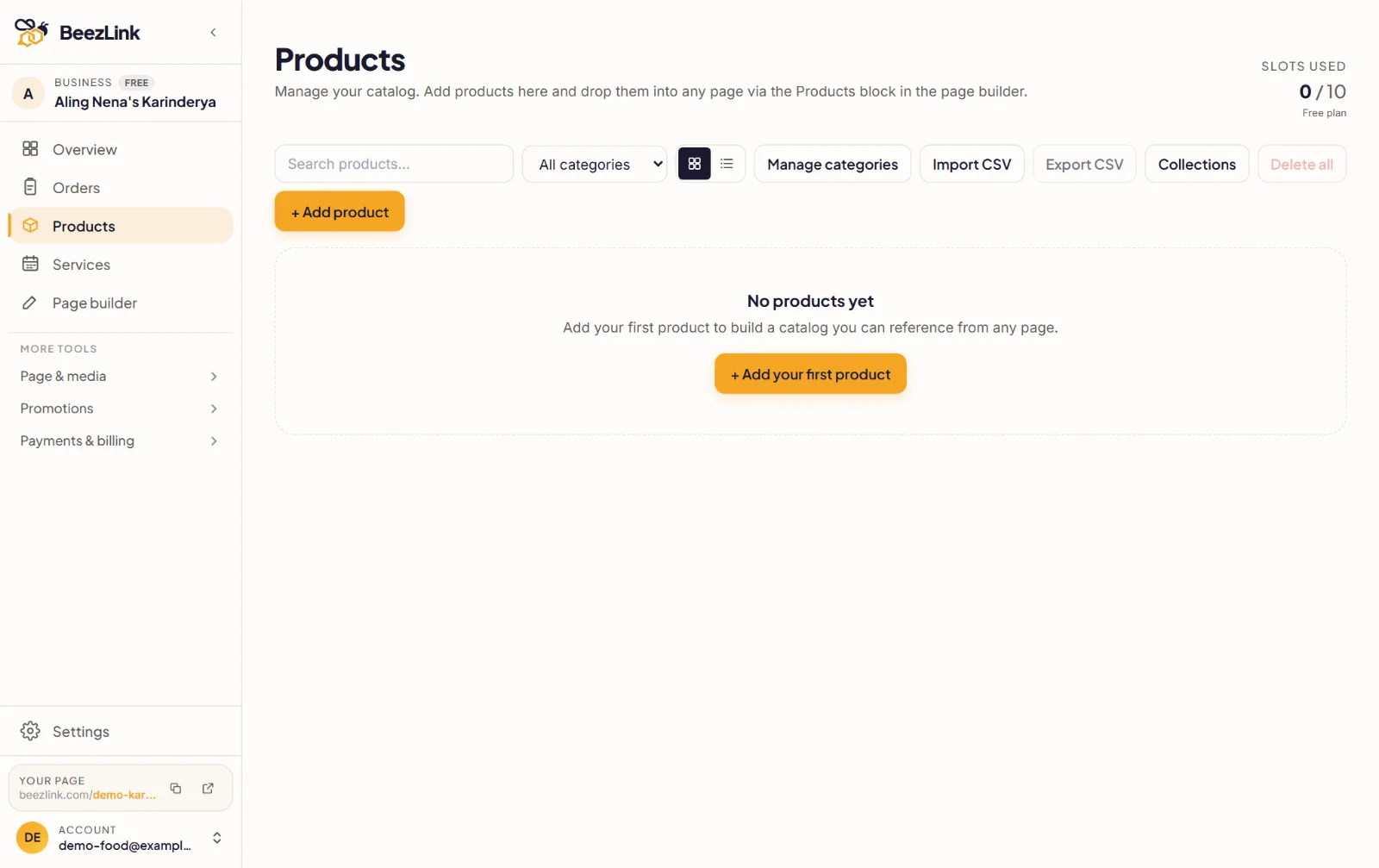The BeezLink Products page on the Free plan, showing Slots used 0 / 10, Add product, Import CSV, Manage categories and Collections
