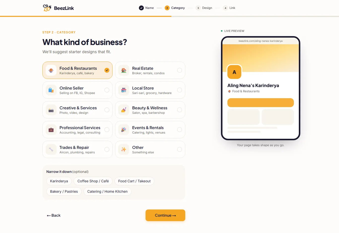BeezLink setup, step 2: category cards with icons, Food & Restaurants selected, and optional sub-categories such as Karinderya and Coffee Shop / Café