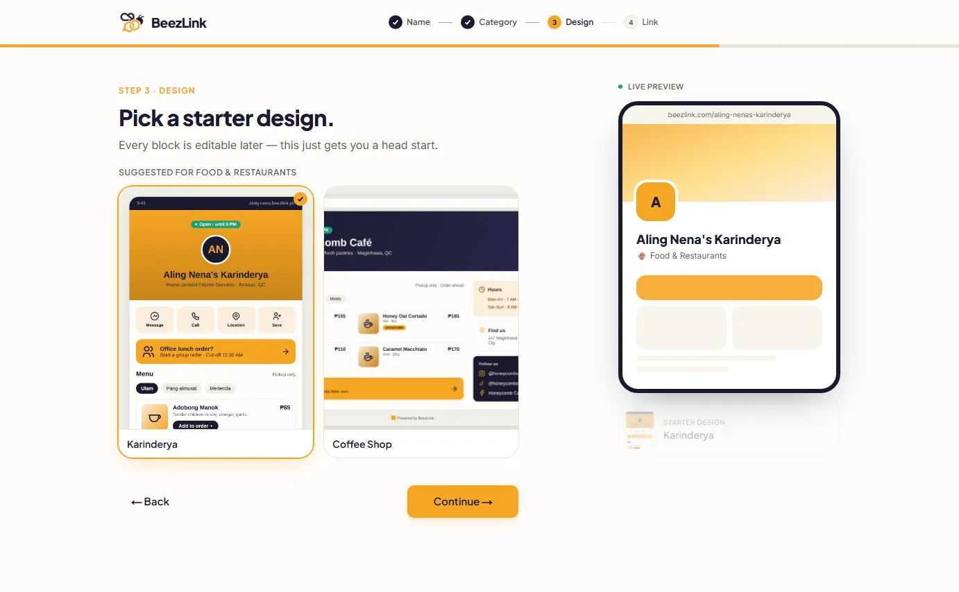BeezLink setup, step 3: starter designs suggested for Food & Restaurants, with the Karinderya design selected