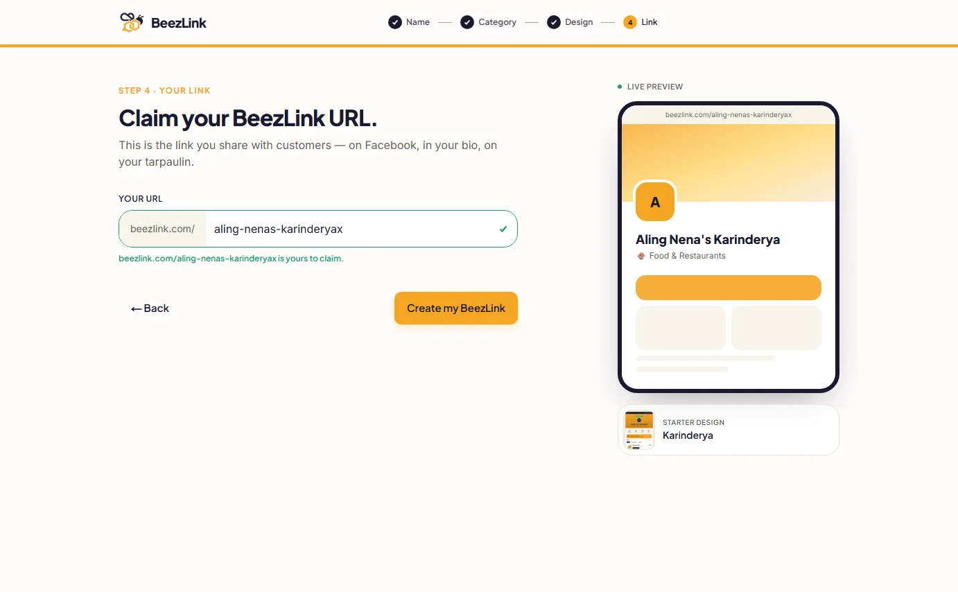 BeezLink setup, step 4: the URL field shows beezlink.com/aling-nenas-karinderyax with a green check and the message that it is yours to claim