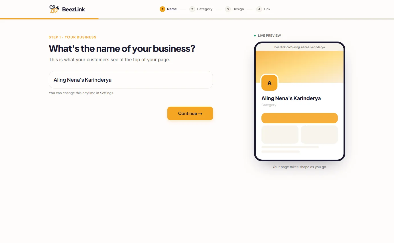 BeezLink setup, step 1 of 4: a business name field filled in with Aling Nena's Karinderya, and a live phone preview showing the name